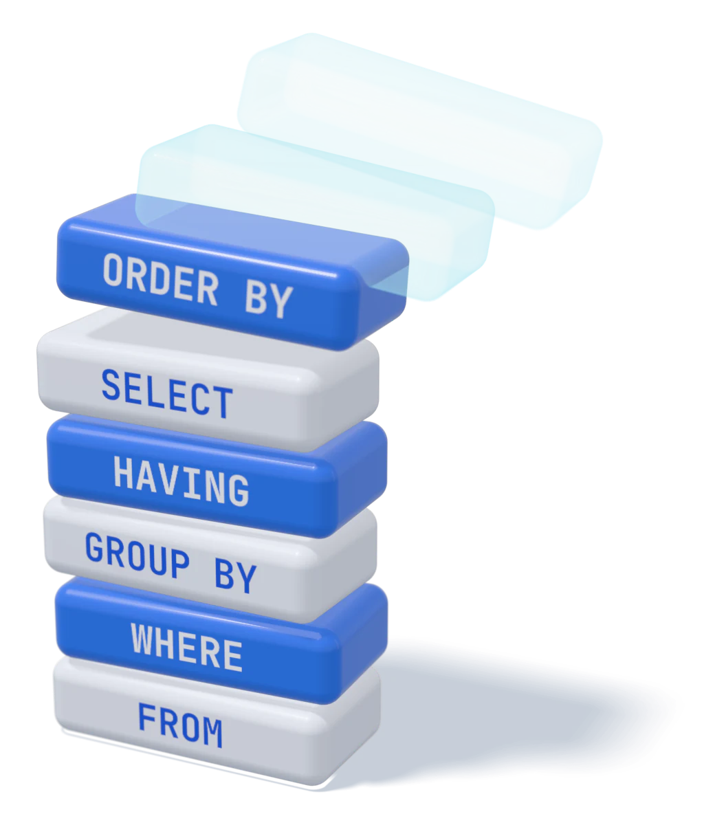 SQL 절 블록 여섯이 처리 순서대로 쌓인 3D 그림: 아래부터 FROM, WHERE, GROUP BY, HAVING, SELECT, ORDER BY